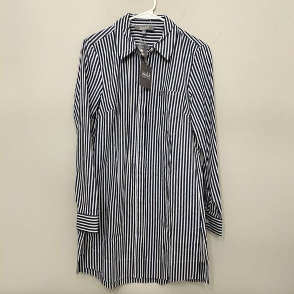 Marled Reunited Clothing Mini Shirt Dress Womens Small Blue Striped Pocket NEW